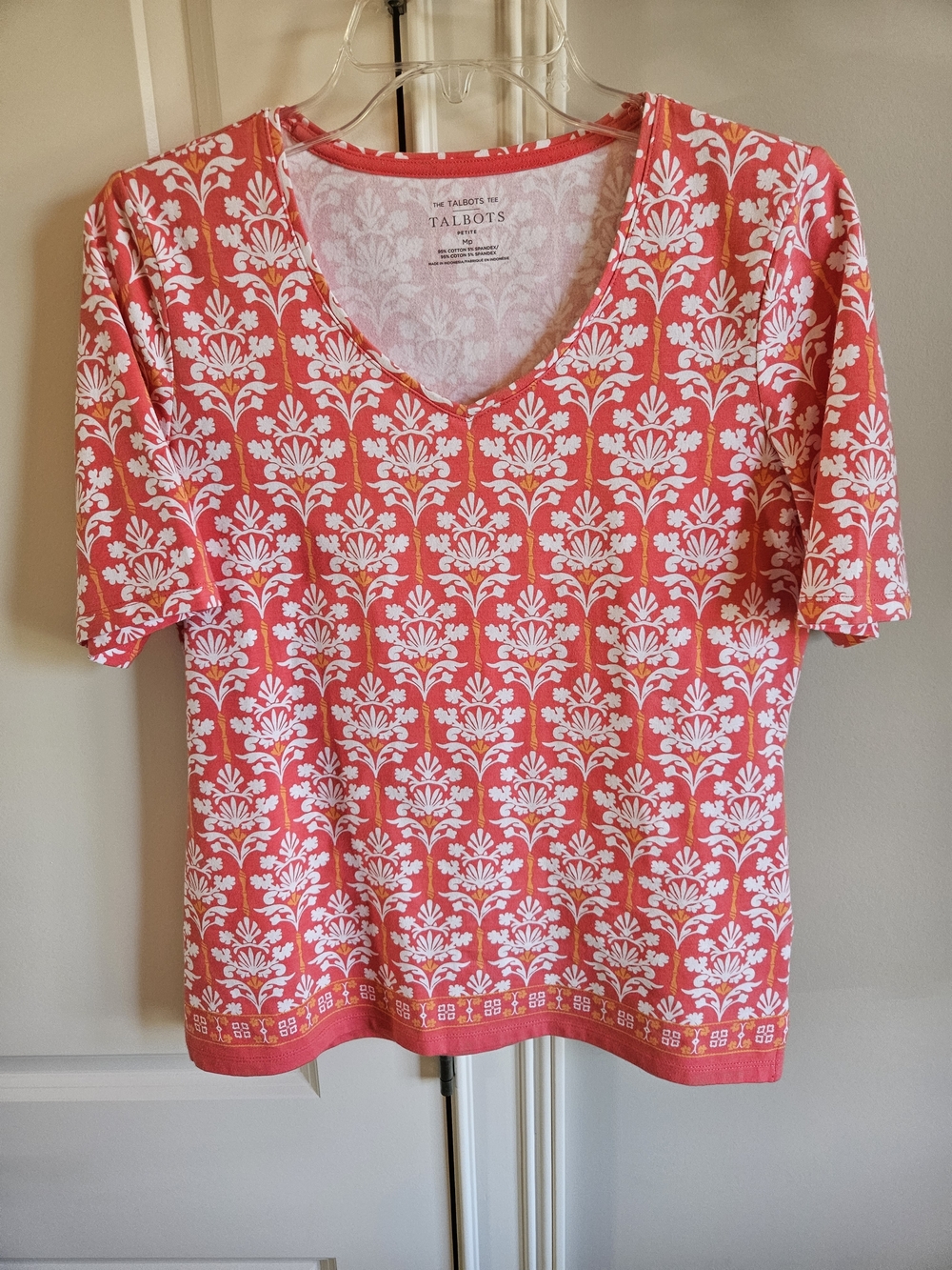 Talbots Coral Pink and White Floral V-Neck Short Sleeve Top